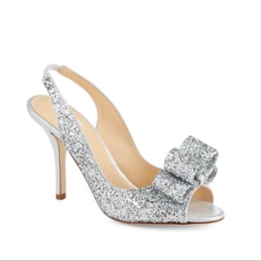 kate spade charm silver glitter bow slingbacks